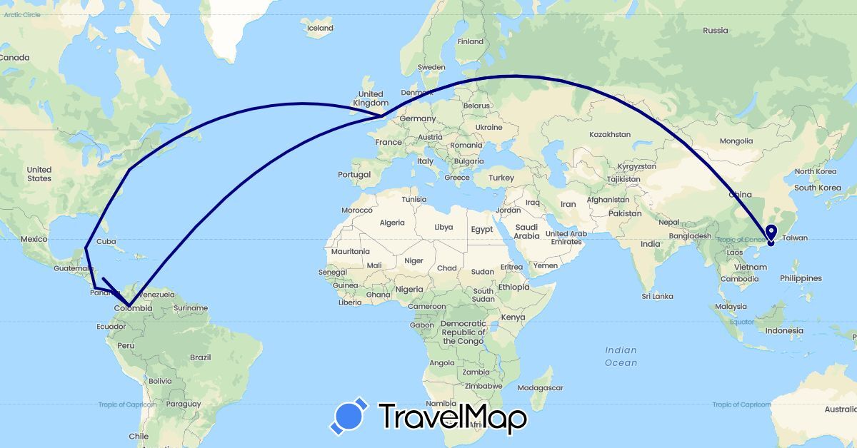 TravelMap itinerary: driving in China, Colombia, Costa Rica, United Kingdom, Mexico, Panama, United States (Asia, Europe, North America, South America)