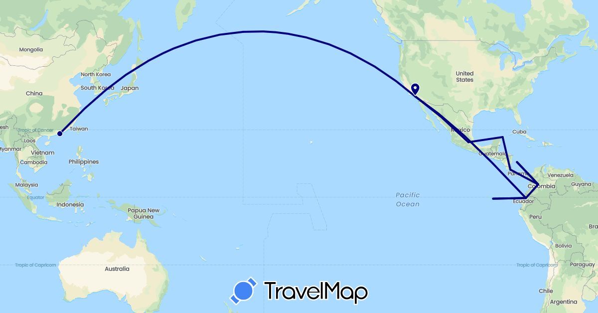 TravelMap itinerary: driving in China, Colombia, Costa Rica, Ecuador, Mexico, United States (Asia, North America, South America)