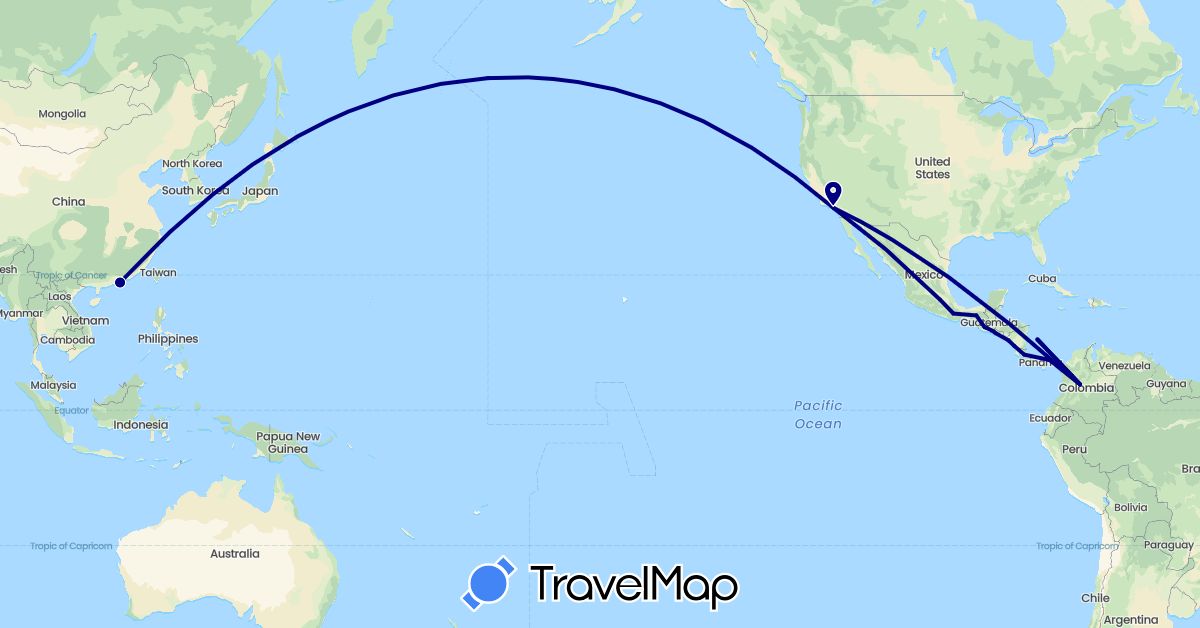 TravelMap itinerary: driving in China, Colombia, Costa Rica, Guatemala, Mexico, Nicaragua, Panama, El Salvador, United States (Asia, North America, South America)