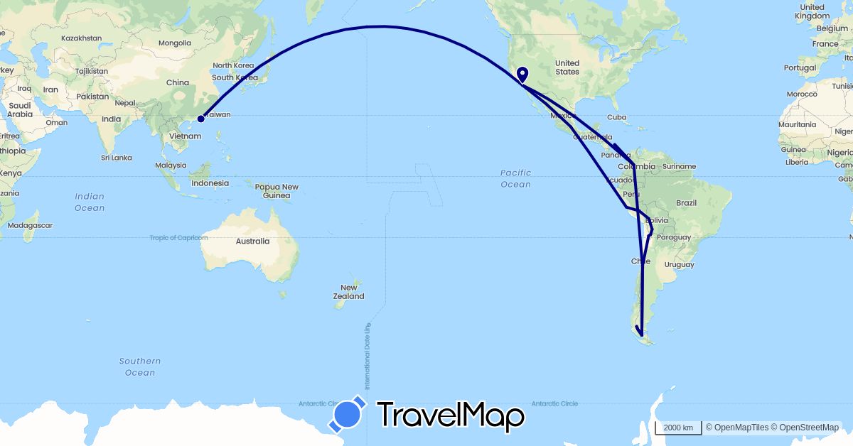 TravelMap itinerary: driving in Bolivia, Chile, China, Colombia, Mexico, Peru, United States (Asia, North America, South America)