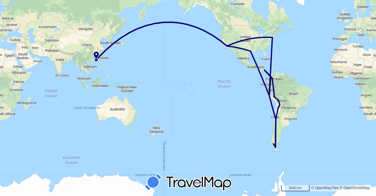 TravelMap itinerary: driving in Bolivia, Chile, China, Colombia, Peru, United States (Asia, North America, South America)