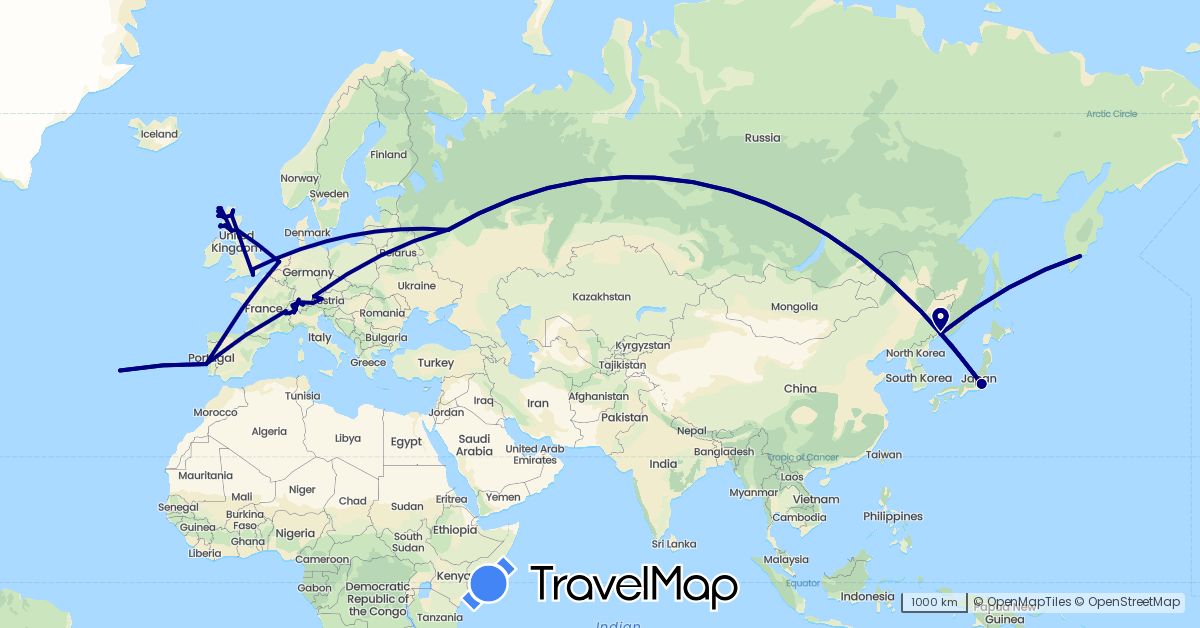 TravelMap itinerary: driving in Austria, Switzerland, Germany, France, United Kingdom, Japan, Liechtenstein, Netherlands, Portugal, Russia (Asia, Europe)